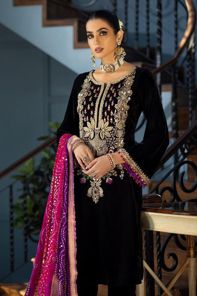 Khudabaksh Black Luxury Velvet Dress Embroidered Piece