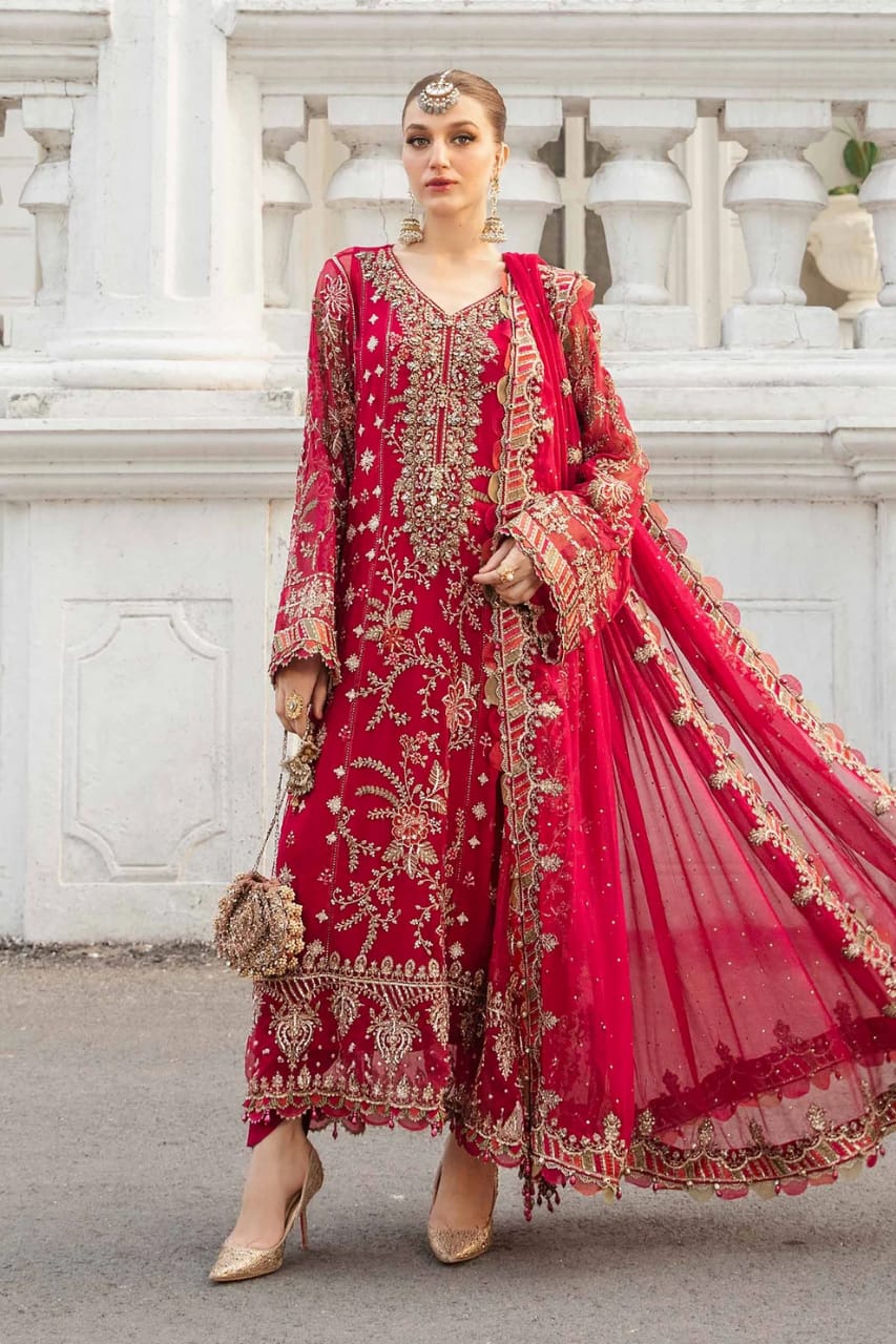 Maria.B Luxury Chiffon Red Dress Embroidered 3 Piece Unstitched / Stit – Rangrez