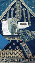 Emaan Adeel Blue Luxury Velvet Dress Embroidered 3 Piece Unstitched