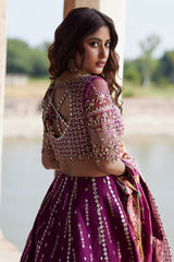 Qalamkar purple 16 kali full net Collection 3 Piece Unstitched