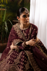 Nuriyaa Mahroon bridal Raw Silk Hand Made Collection 3 Piece Unstitched / Stitched