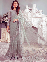 Maria B Luxury Net Gray Hand Work Embroidered Saree Unstitched / Stitched