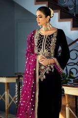 Khudabaksh Black Luxury Velvet Dress Embroidered 3 Piece Unstitched