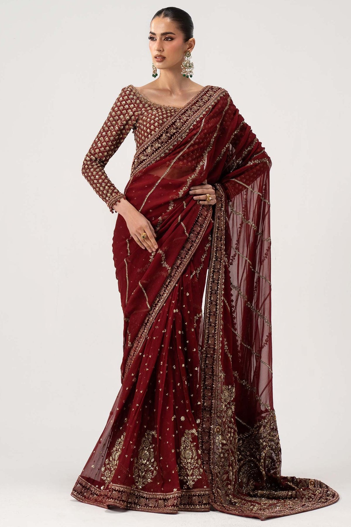 Maria B Zar-e-Mehroon Luxury Chiffon Saree 2026 3pc Unstitched/Stitched