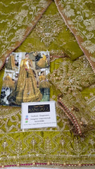 Afrozeh Mehndi Bridal Net Maxi 3 Piece Unstitched