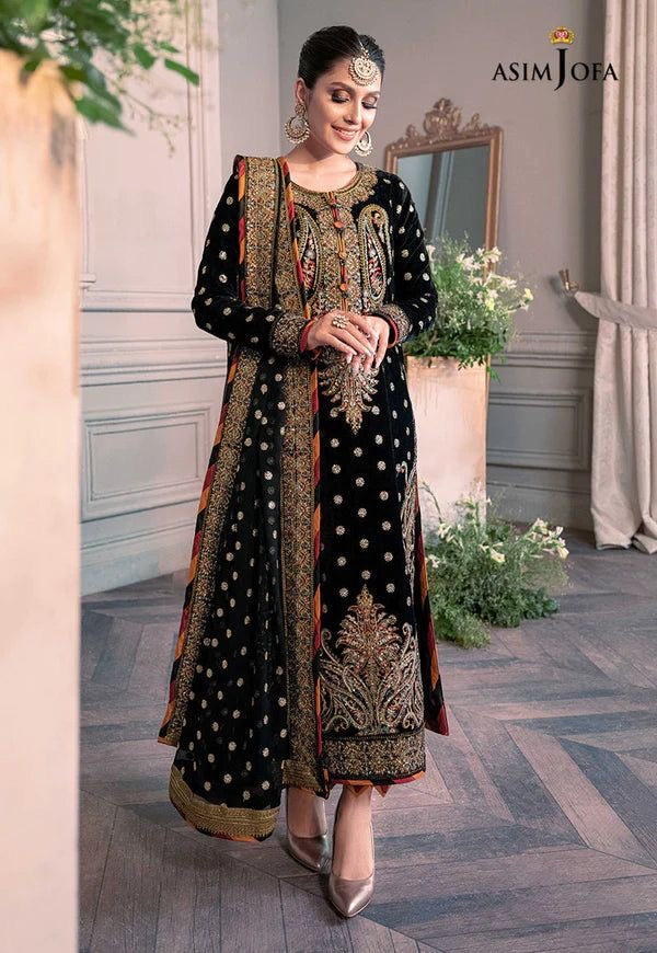 Asim Jofa Black Luxury Velvet Dress Embroidered 3 Piece Unstitched