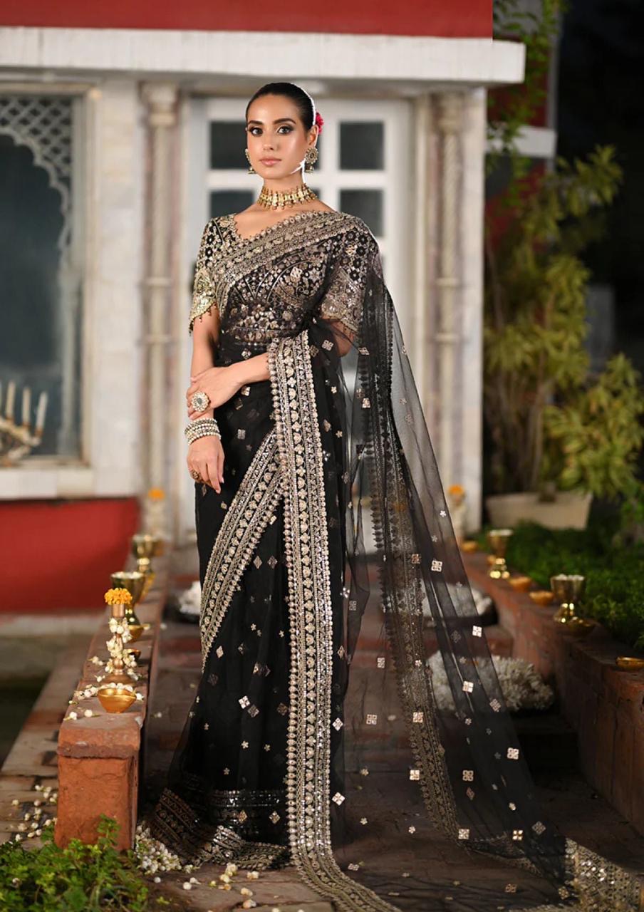 Qalamkar Wedding Black Luxury Net Saree Embroidered Unstitched