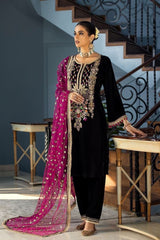 Khudabaksh Black Luxury Velvet Dress Embroidered 3 Piece Unstitched