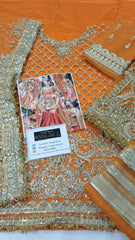 Maha Wajahat Orange Bridal Net Lengha 3 Piece Unstitched / Stitched