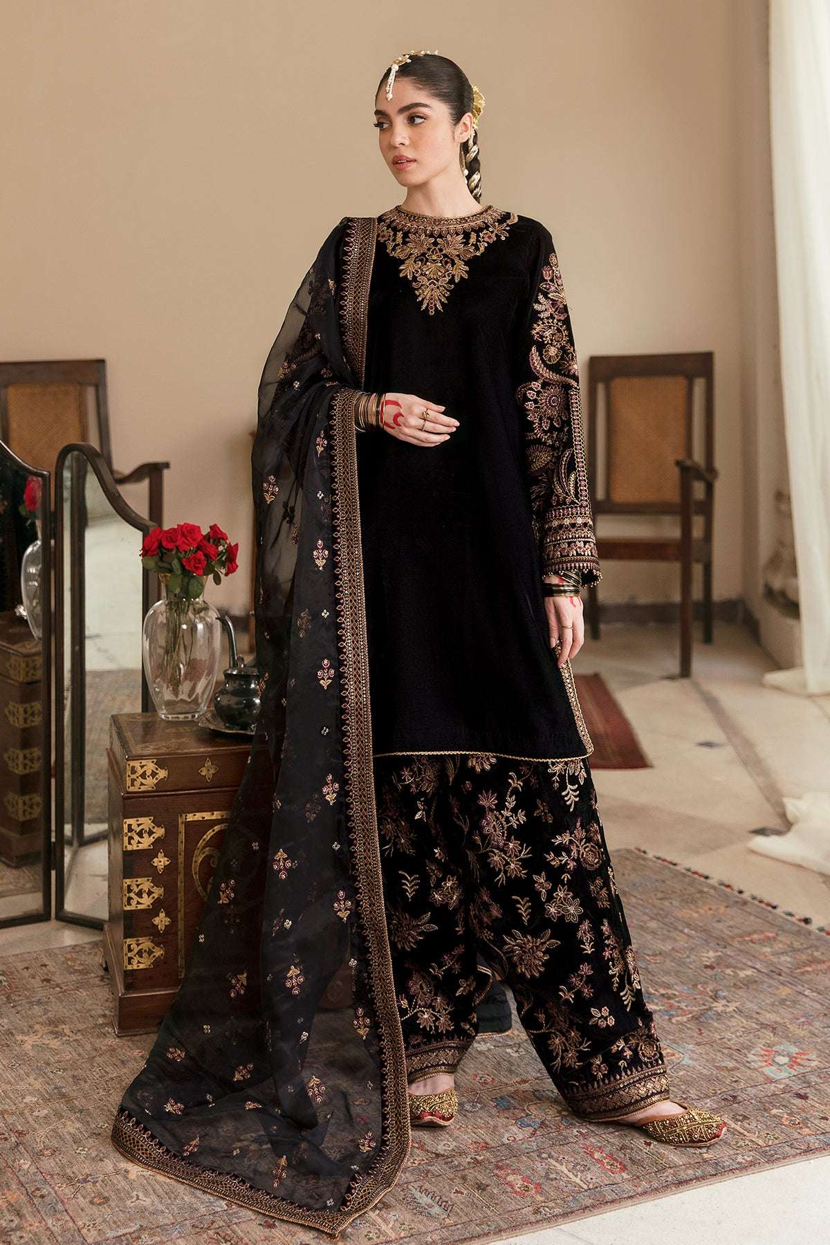 Baroque Black Luxury Velvet Dress Embroidered 3 Piece Unstitched