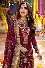 Asim Jofa Maroon Luxury Chiffon Collection Embroidered 3 Piece Unstitched Dress