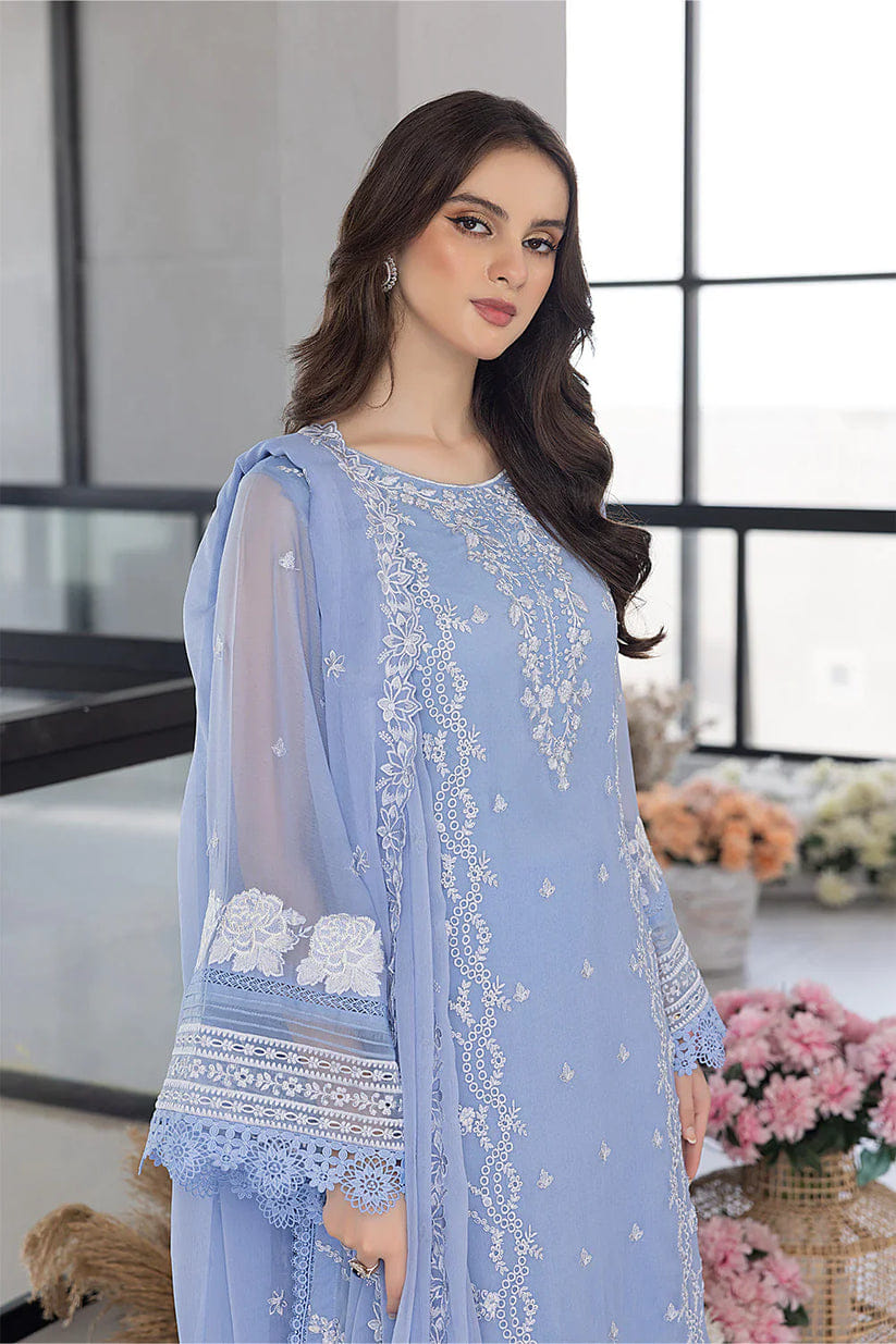 Azure Sky Blue Thread Work Luxury Embroidery Dress 3 Piece Unstitched