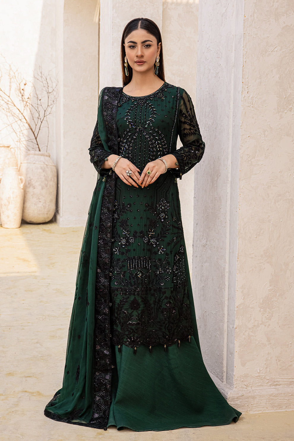 Zebtan Green Chiffon Formal Collection Embroidered Hand Work 3pc Unstitched