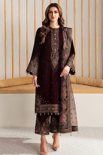 Jazmin Maroon Luxury Velvet Dress Embroidered 3 Piece Unstitched