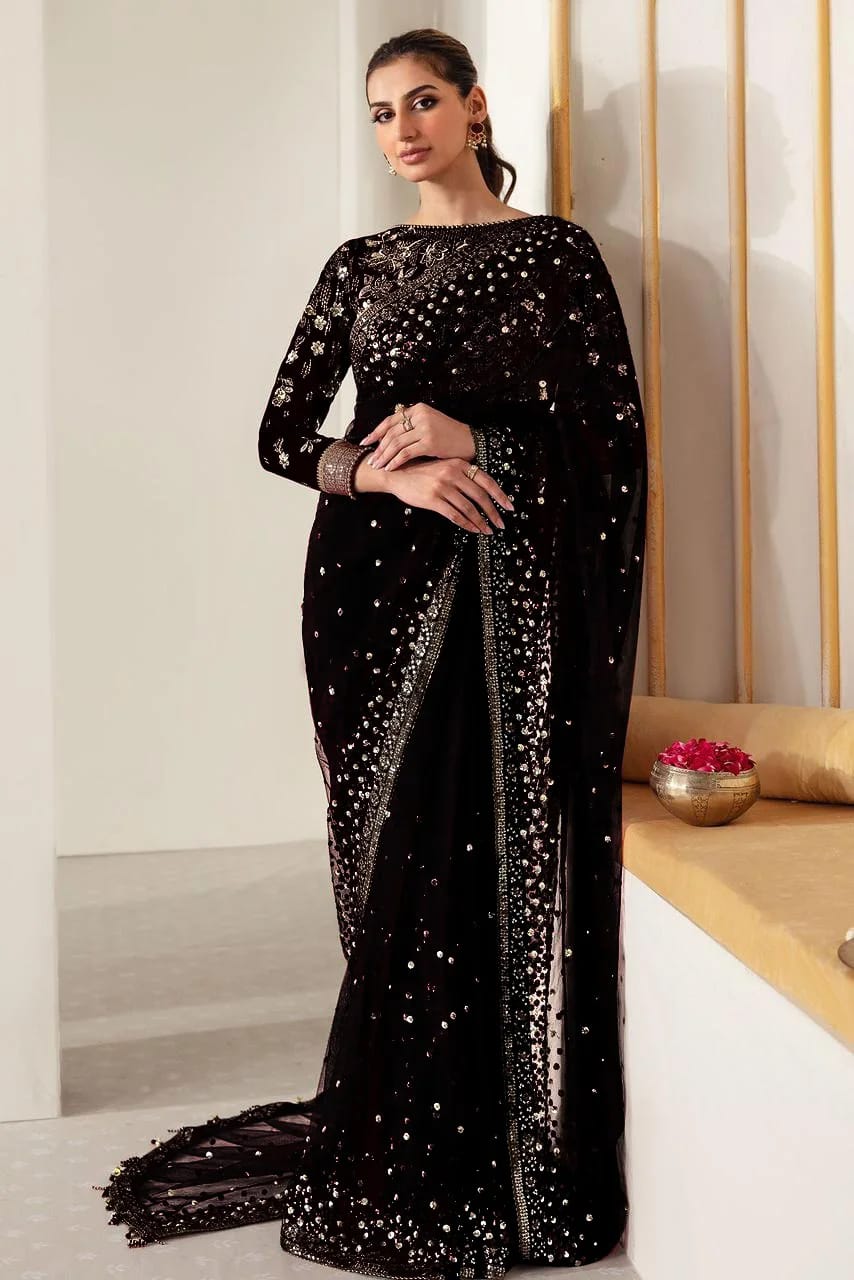 Jazmin Wedding Net Black Saree Collection Embroidery Unstiched