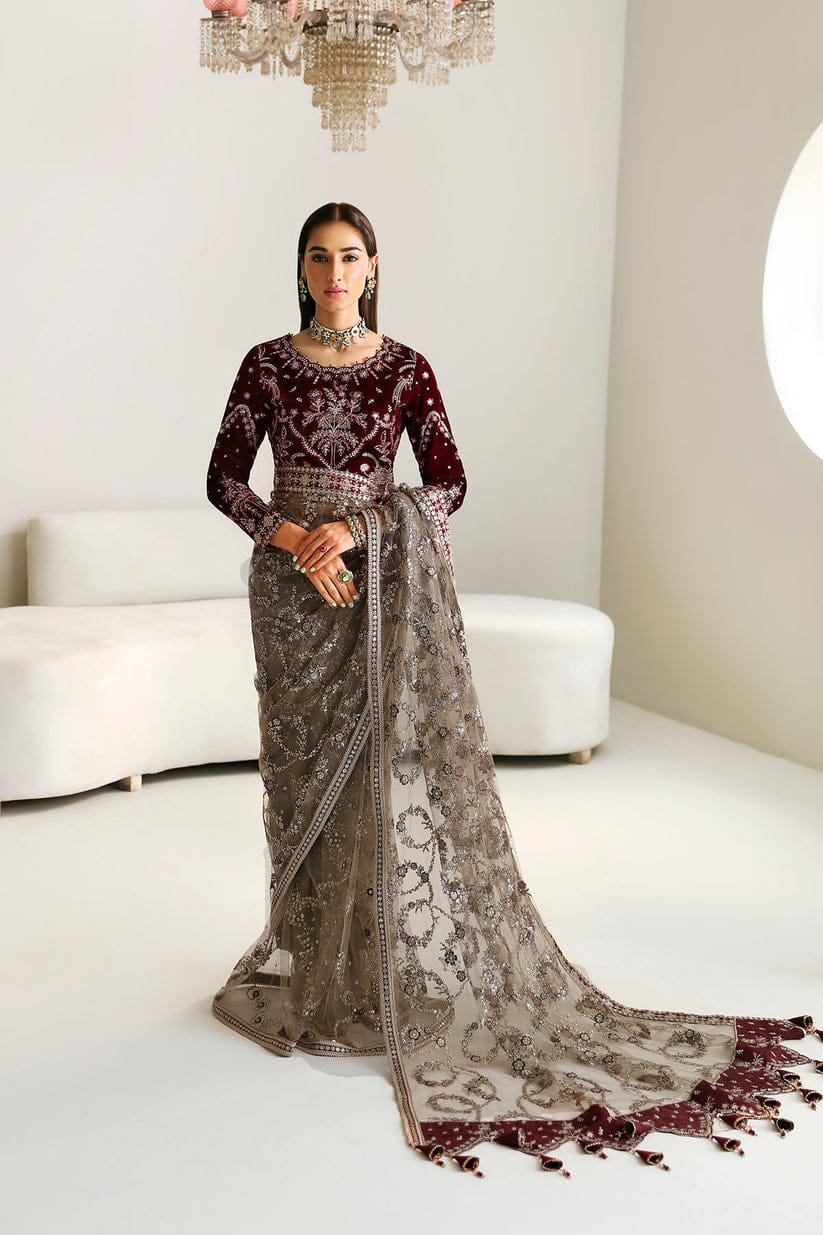 Alizeh Net & Velvet Saree Wedding Collection Embroidery Unstiched