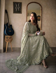 Asim Jofa Green Embroidered Luxury Chiffon 3 Piece Unstitched