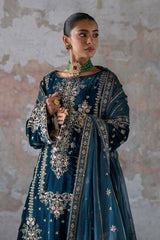 Emaan Adeel Blue Luxury Velvet Dress Embroidered 3 Piece Unstitched