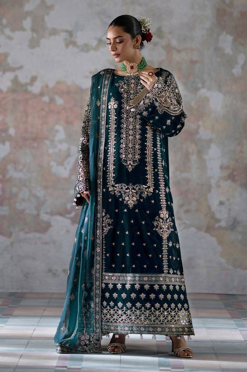 Emaan Adeel Blue Luxury Velvet Dress Embroidered 3 Piece Unstitched