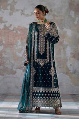 Emaan Adeel Blue Luxury Velvet Dress Embroidered 3 Piece Unstitched