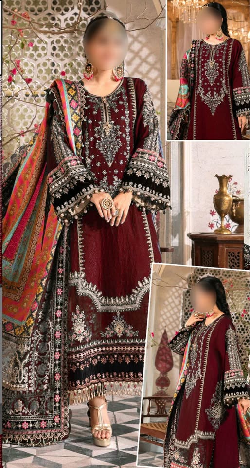 Maria B Maroon Luxury Chiffon Dress Embroidered 3 Piece Unstitched