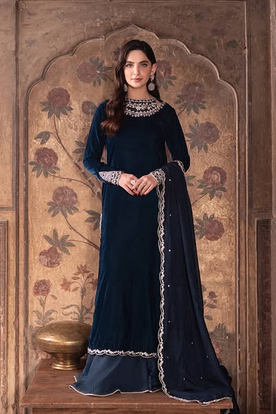 Azure Blue Luxury 9000 Micro Velvet Embroidered 3 Piece Unstitched