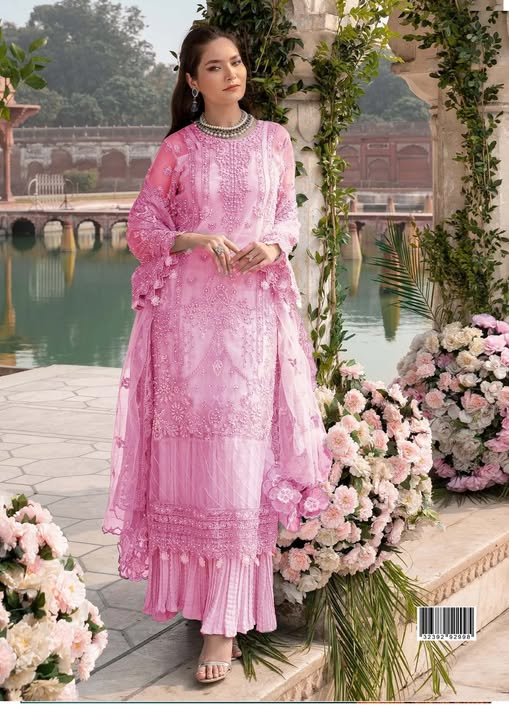 Gulaal T Pink Formal Embroidered Soft Net Dress 3 Piece Unstitched