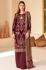 Ramsha Minhail Maroon Luxury Velvet Dress Embroidered 3 Piece Unstitched