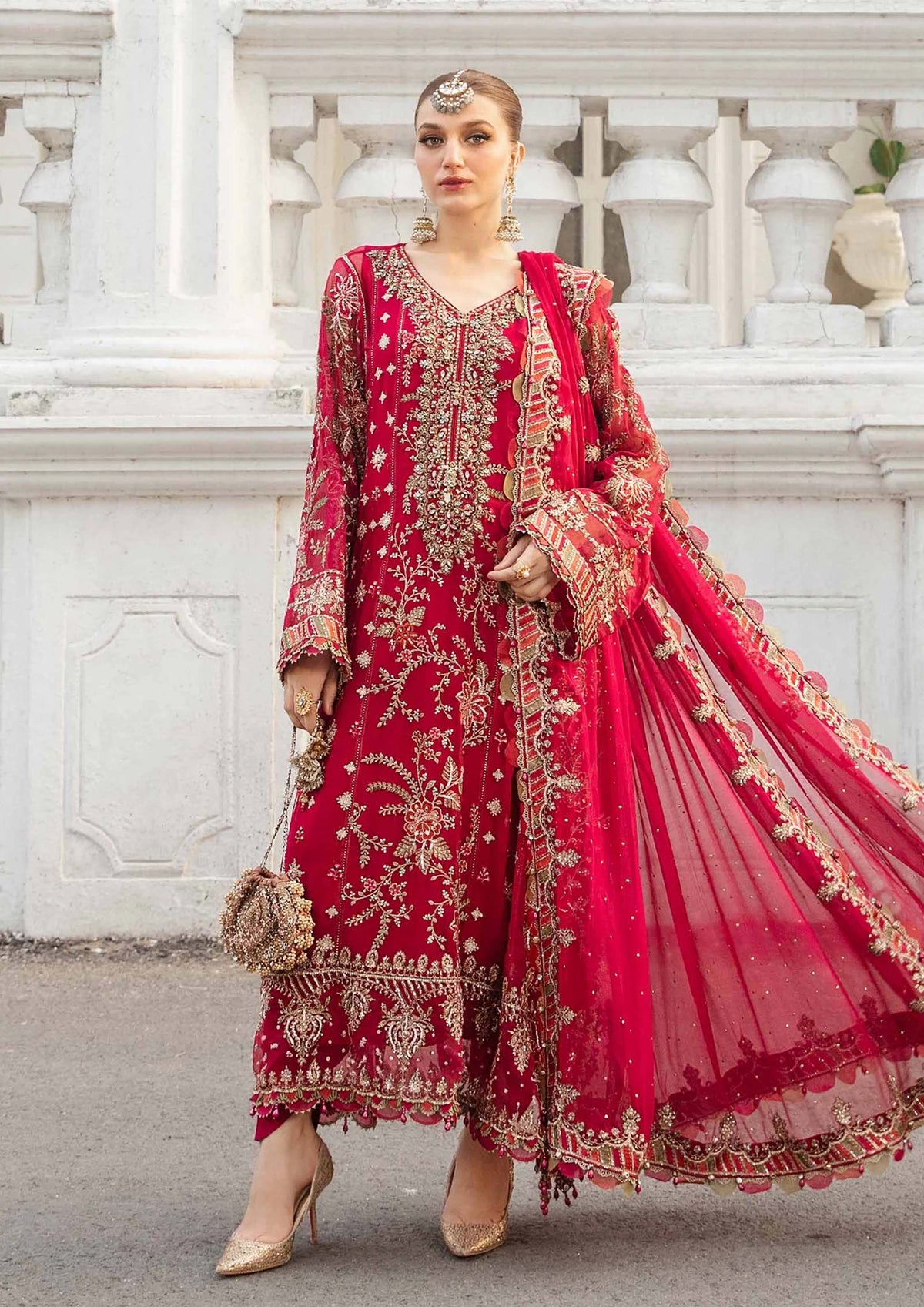 Maria B Luxury Chiffon Pinkish Red Dress Embroidered 3 Piece Unstitched