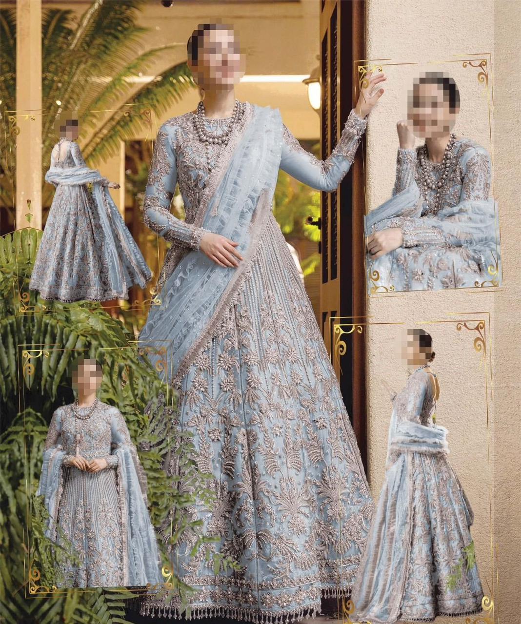 Crimson Sky Blue Bridal Net Maxi 3 Piece Unstitched