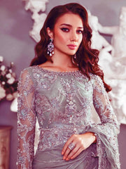 Maria B Luxury Net Gray Hand Work Embroidered Saree Unstitched / Stitched