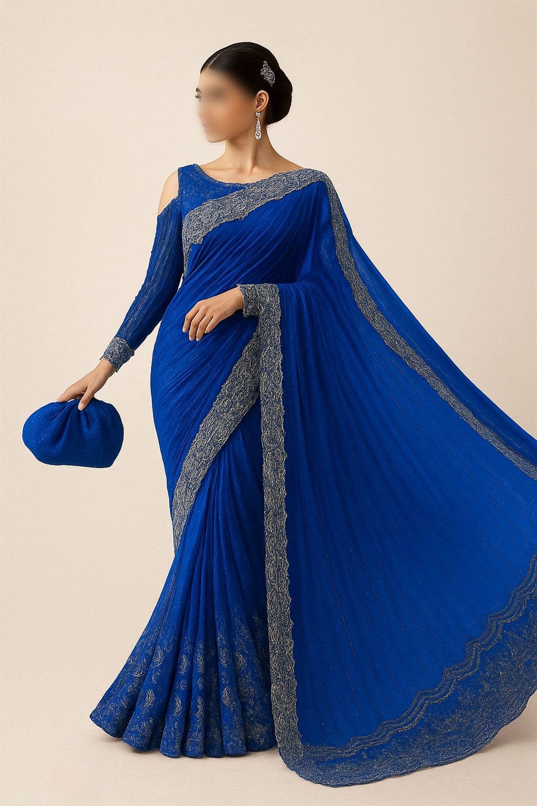 Maria B Luxury Net Blue Hand Work Embroidered Saree Unstitched