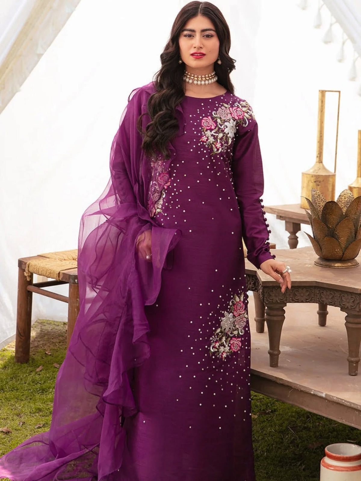 Vanya Purple Formal Collecion Raw Silk Embroidery 3piece Unstitched