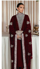 Hussain Rehar Lucent Maroon Raw Silk Luxury Handmade Formal Collection 3 piece Unstitched