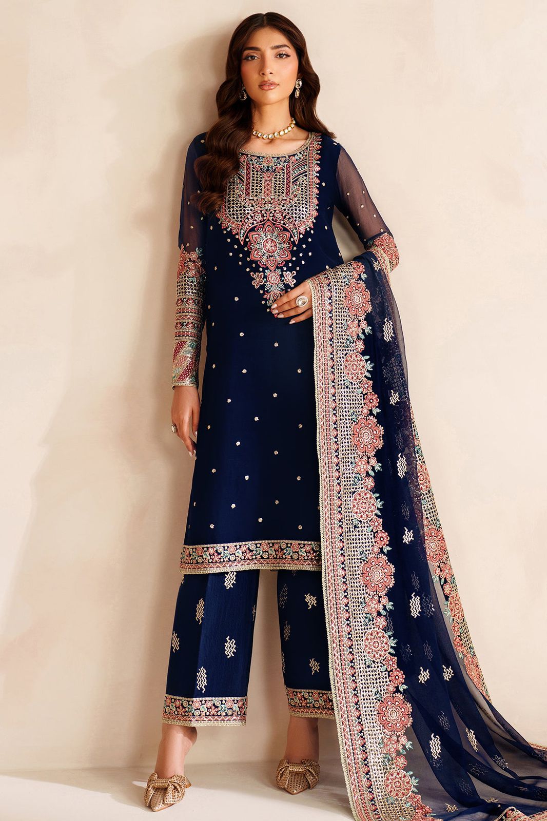 Farasha Blue Luxe Embroidered Chiffon 3 Piece Unstitched