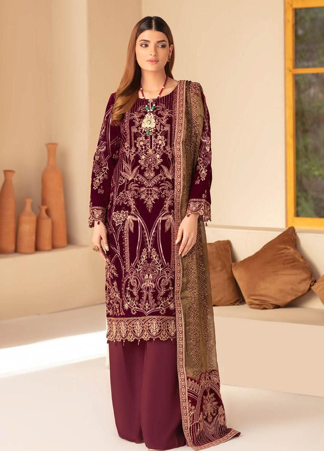 Ramsha Minhail Maroon Luxury Velvet Dress Embroidered 3 Piece Unstitched