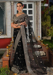 Qalamkar Wedding Black Luxury Net Saree Embroidered Unstitched