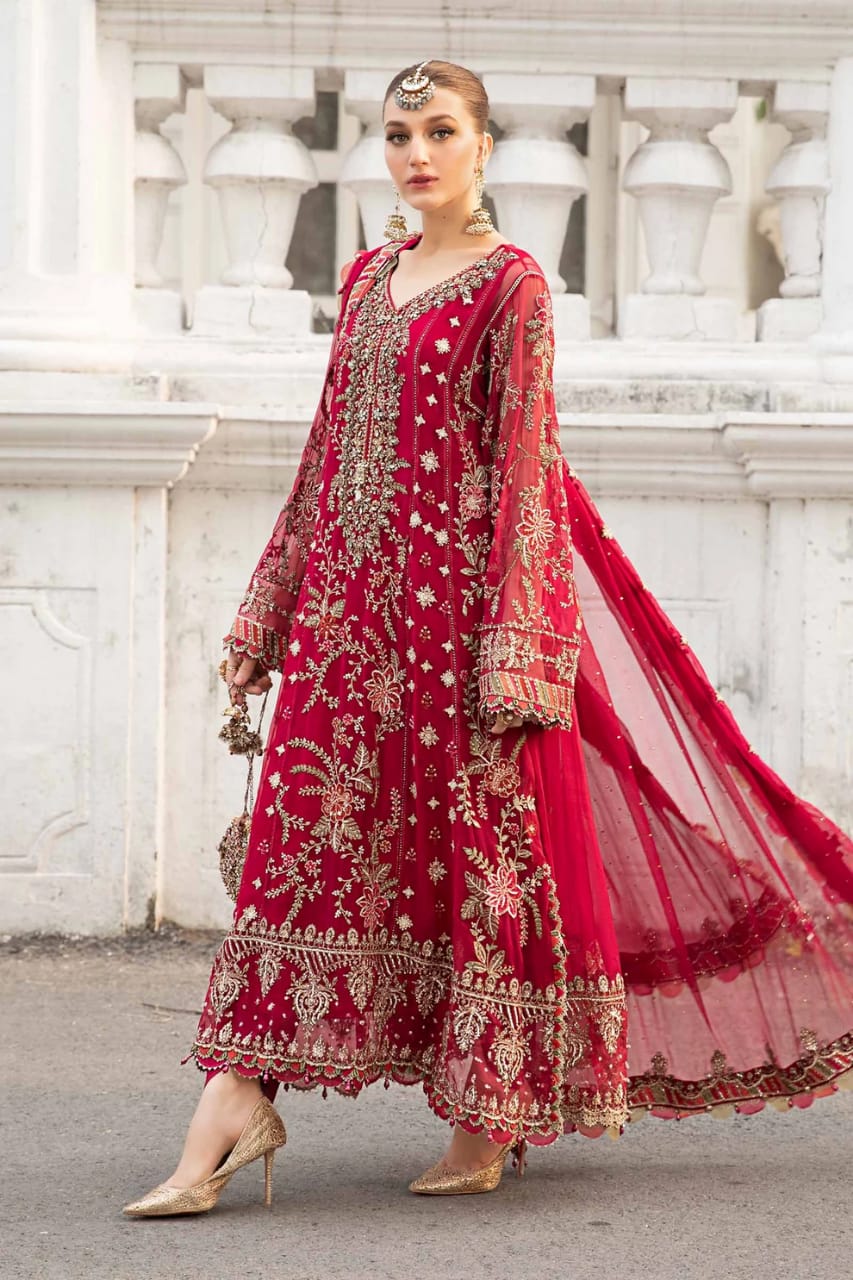 Maria.B Luxury Chiffon Red Dress Embroidered 3 Piece Unstitched / Stit – Rangrez