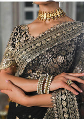 Qalamkar Wedding Black Luxury Net Saree Embroidered Unstitched