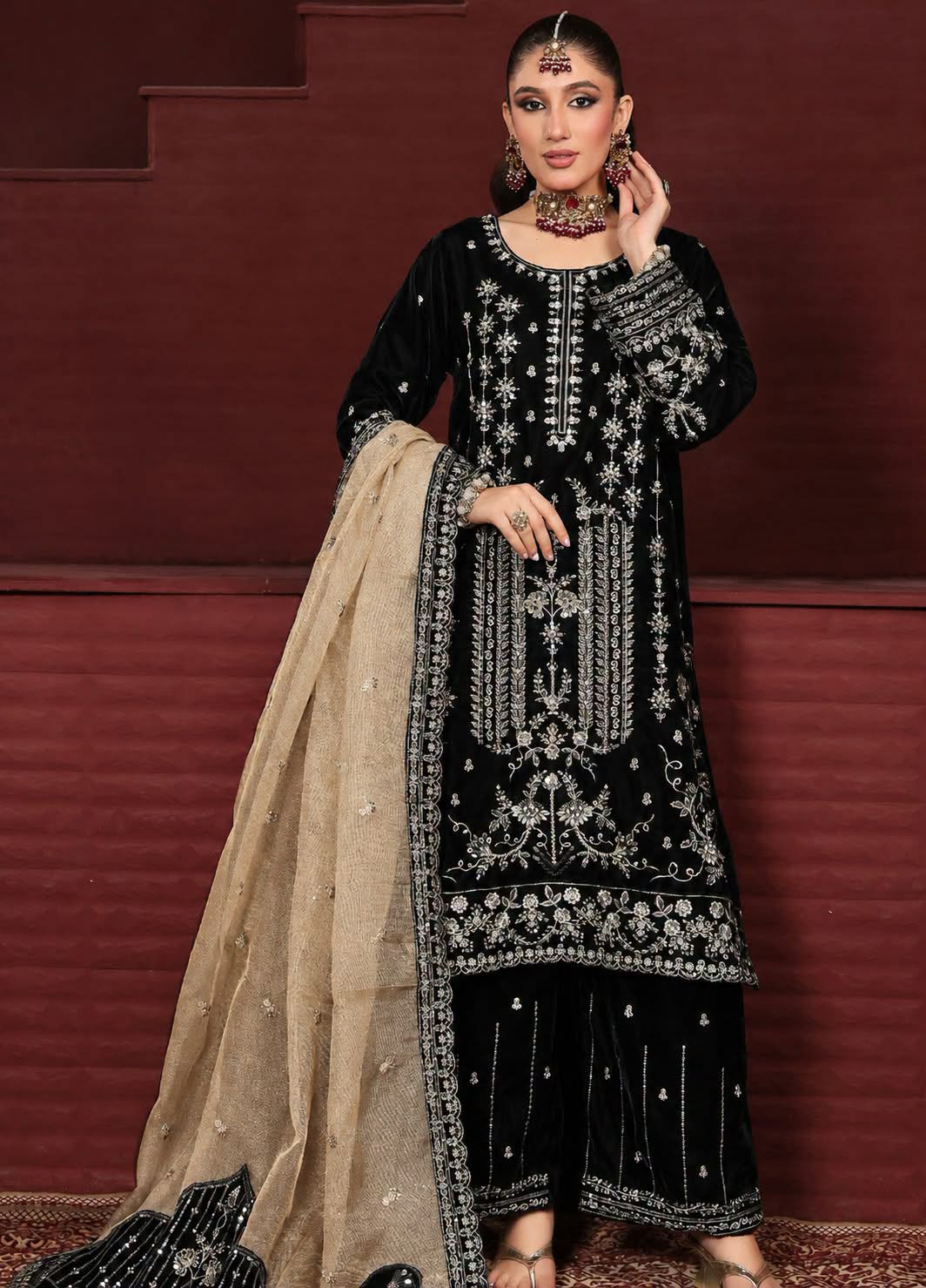 Dr.Haris Luxury Velvet Dress Embroidered 3 Piece Unstitched / Stitched