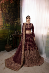 Nuriyaa Mahroon bridal Raw Silk Hand Made Collection 3 Piece Unstitched / Stitched
