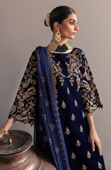 Emaan Adeel Blue Luxury Velvet Dress Embroidered 3 piece Unstitched