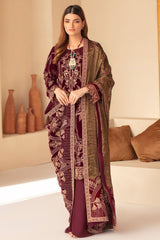 Ramsha Minhail Maroon Luxury Velvet Dress Embroidered 3 Piece Unstitched