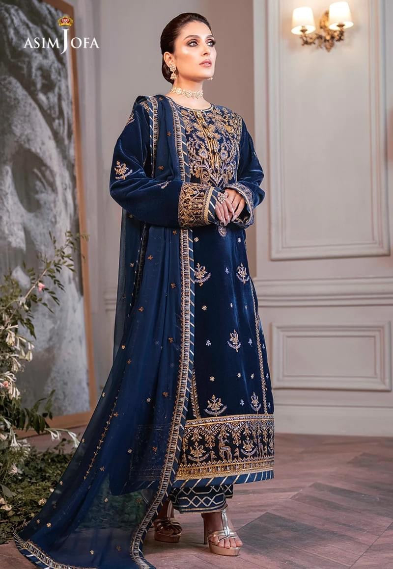 Asim Jofa Blue Luxury Velvet Dress Embroidered 3 Piece Unstitched / St Rangrez Asim Jofa Blue Luxury Velvet Dress Embroidered 3 Piece Unstitched / St Rangrez