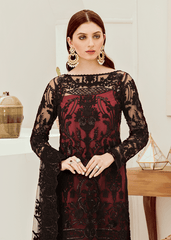 Afrozeh Black Red Heavy Embroidered Net 3 Piece Unstitched