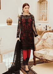 Afrozeh Black Red Heavy Embroidered Net 3 Piece Unstitched