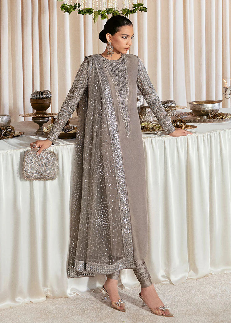 Hussain Rehar Lucent Grey Raw Silk  Luxury Handmade Formal Collection 3 piece Unstitched