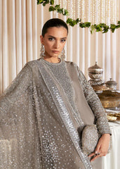 Hussain Rehar Lucent Grey Raw Silk  Luxury Handmade Formal Collection 3 piece Unstitched