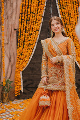 Maha Wajahat Orange Bridal Net Lengha 3 Piece Unstitched / Stitched
