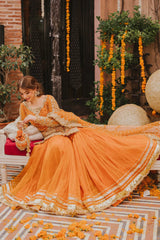 Maha Wajahat Orange Bridal Net Lengha 3 Piece Unstitched / Stitched